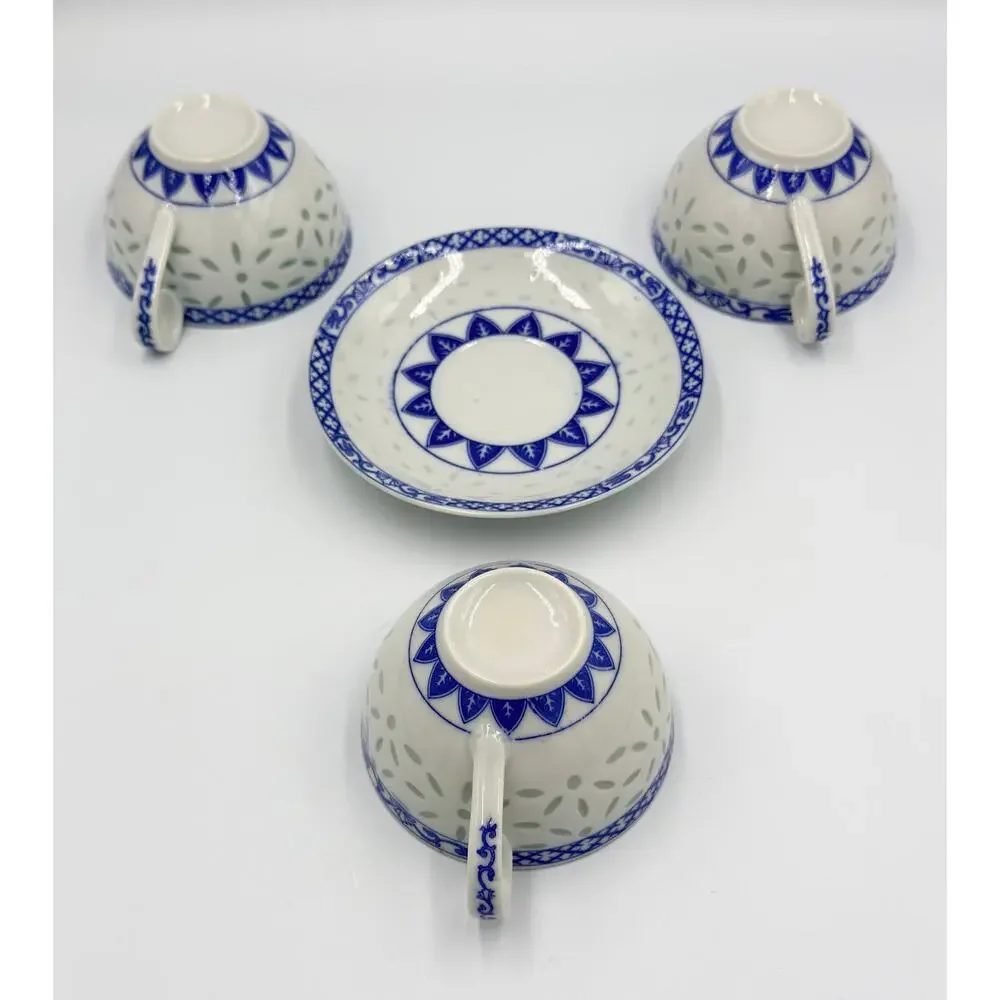 Jingdezhen Rice Eye Grain Cups & Saucer Blue & White Porcelain 4pc Set